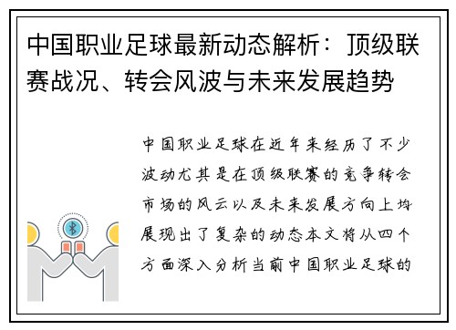 中国职业足球最新动态解析：顶级联赛战况、转会风波与未来发展趋势