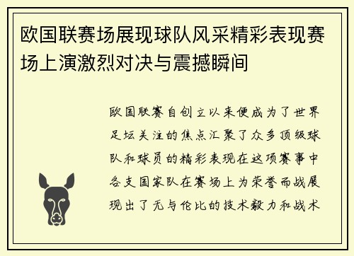 欧国联赛场展现球队风采精彩表现赛场上演激烈对决与震撼瞬间