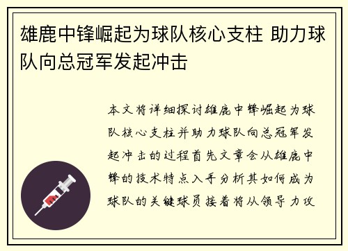 雄鹿中锋崛起为球队核心支柱 助力球队向总冠军发起冲击