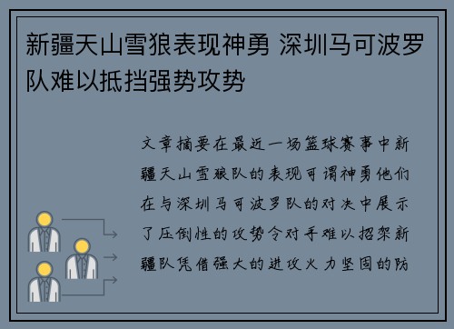 新疆天山雪狼表现神勇 深圳马可波罗队难以抵挡强势攻势