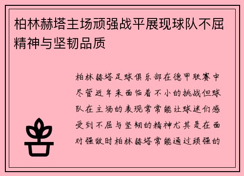 柏林赫塔主场顽强战平展现球队不屈精神与坚韧品质
