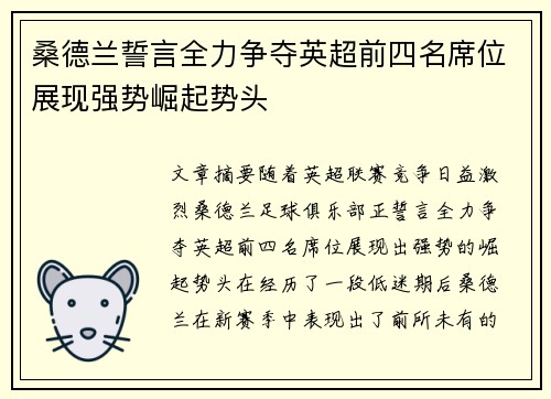 桑德兰誓言全力争夺英超前四名席位展现强势崛起势头