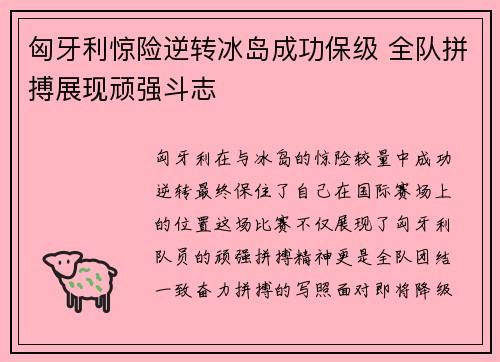 匈牙利惊险逆转冰岛成功保级 全队拼搏展现顽强斗志