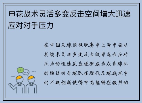 申花战术灵活多变反击空间增大迅速应对对手压力