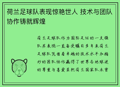 荷兰足球队表现惊艳世人 技术与团队协作铸就辉煌