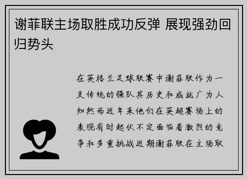 谢菲联主场取胜成功反弹 展现强劲回归势头