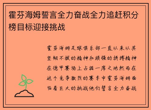 霍芬海姆誓言全力奋战全力追赶积分榜目标迎接挑战