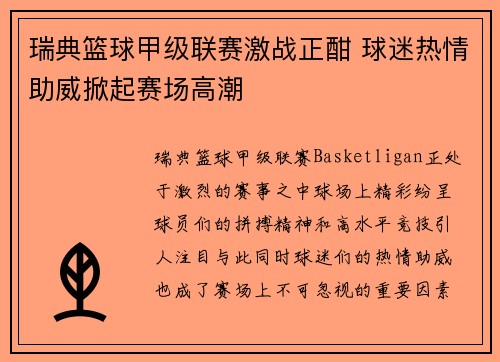 瑞典篮球甲级联赛激战正酣 球迷热情助威掀起赛场高潮