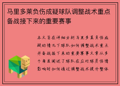 马里多莱负伤成疑球队调整战术重点备战接下来的重要赛事