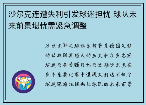 沙尔克连遭失利引发球迷担忧 球队未来前景堪忧需紧急调整